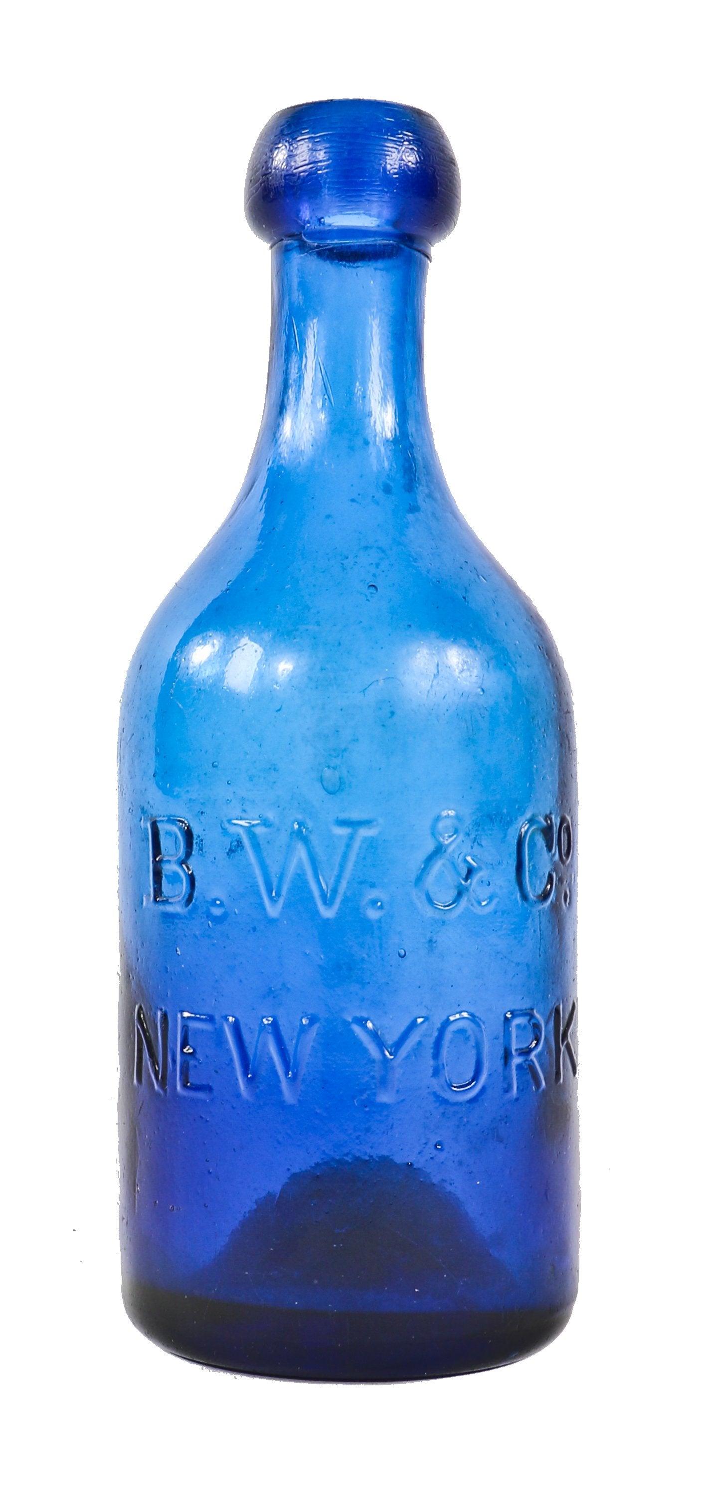 original intact privy dug mid-nineteenth century iron pontiled dark "electric blue" soda or mineral water bottle manufactured for burroughs wellcome & co., new york city, ny.