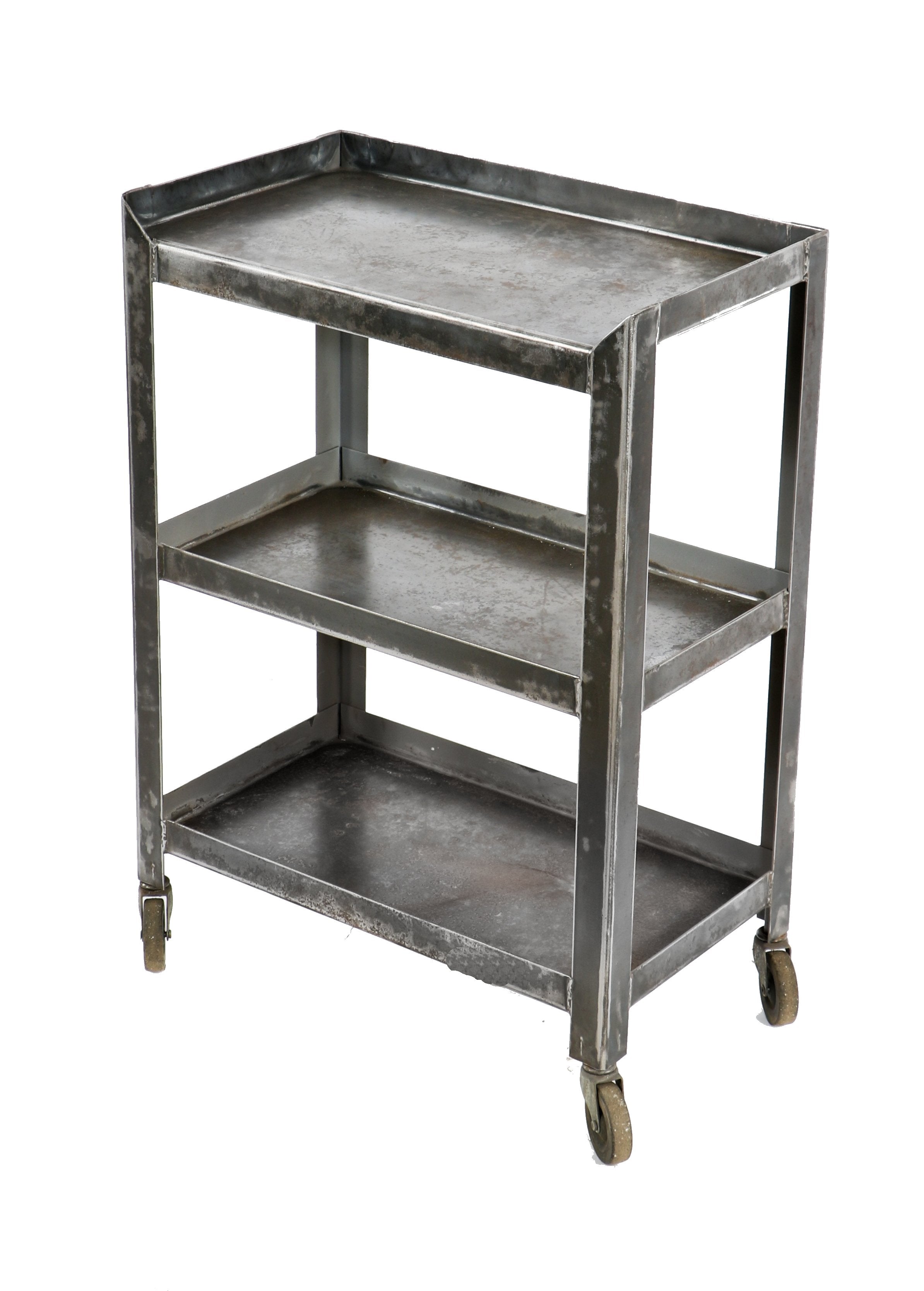 completely refinished c. 1940's vintage american industrial clean and compact mobile factory machine shop cart or shelving unit with sealed brushed metal finish