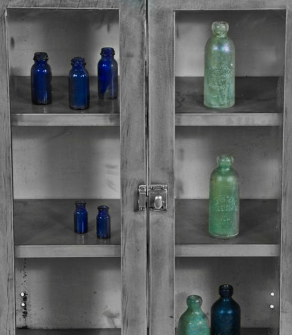 single american medical robust and compact c. 1940's stationary hospital examination room fully enclosed "allsteel" cabinet with original stainless steel detachable shelves