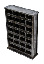 original pressed and folded c. 1930's antique american industrial freestanding brushed steel "cubby hole" machine shop cabinet with integrated label holders