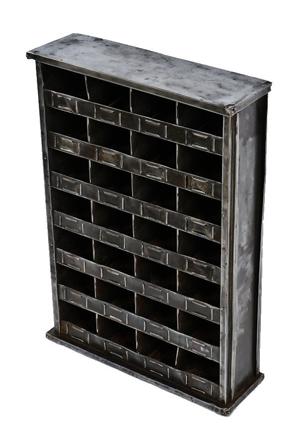 original pressed and folded c. 1930's antique american industrial freestanding brushed steel "cubby hole" machine shop cabinet with integrated label holders