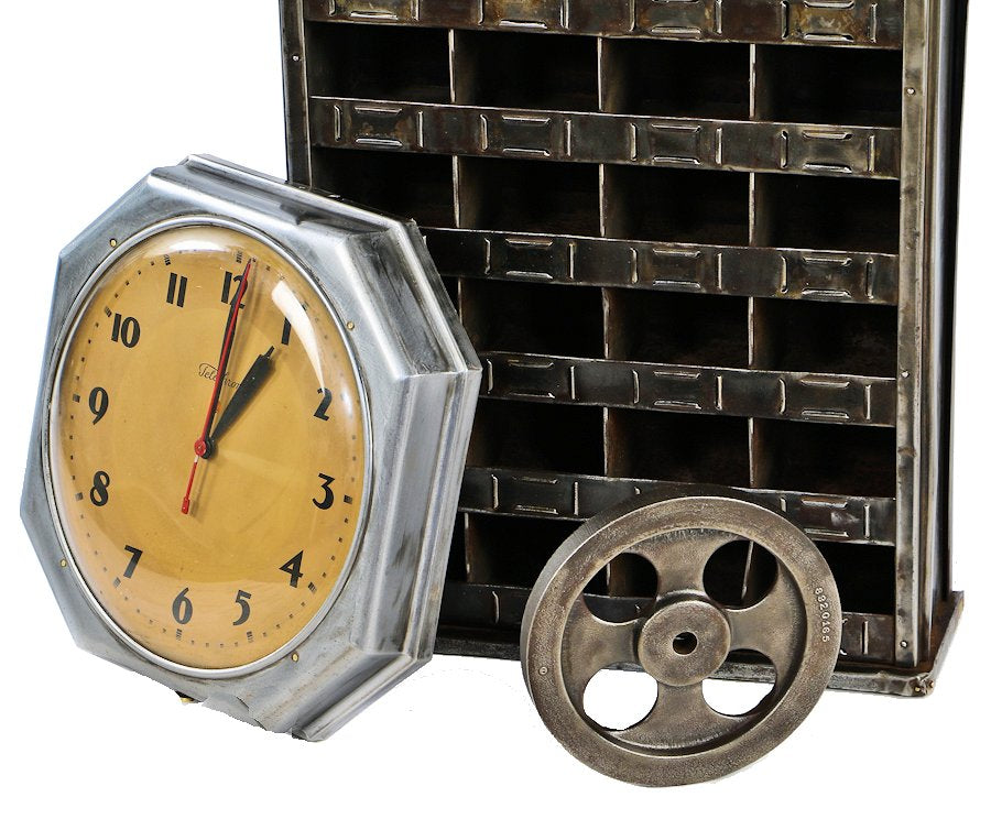 original pressed and folded c. 1930's antique american industrial freestanding brushed steel "cubby hole" machine shop cabinet with integrated label holders