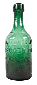 rare and intact privy-dug early 1840's light to medium emerald green pontiled mineral bottle manufactured for philadelphia bottler william heiss jr.