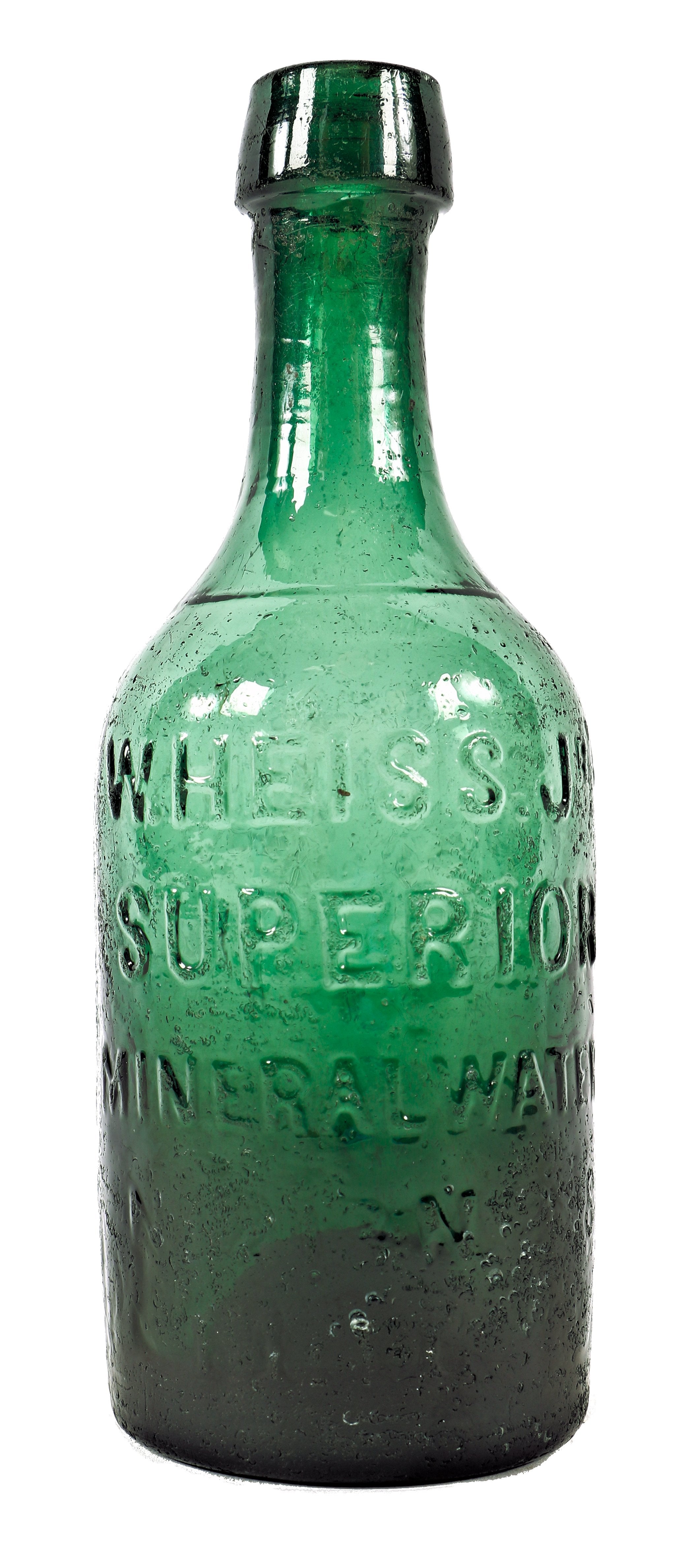 rare and intact privy-dug early 1840's light to medium emerald green pontiled mineral bottle manufactured for philadelphia bottler william heiss jr.