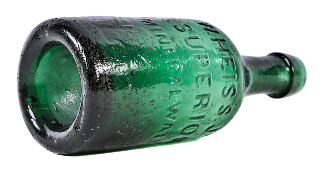 rare and intact privy-dug early 1840's light to medium emerald green pontiled mineral bottle manufactured for philadelphia bottler william heiss jr.