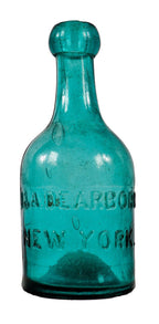 rare early to mid-1850's medium teal pontiled porter-shaped privy dug bottle with applied blob top manufactured for john and alexander dearborn in new york.