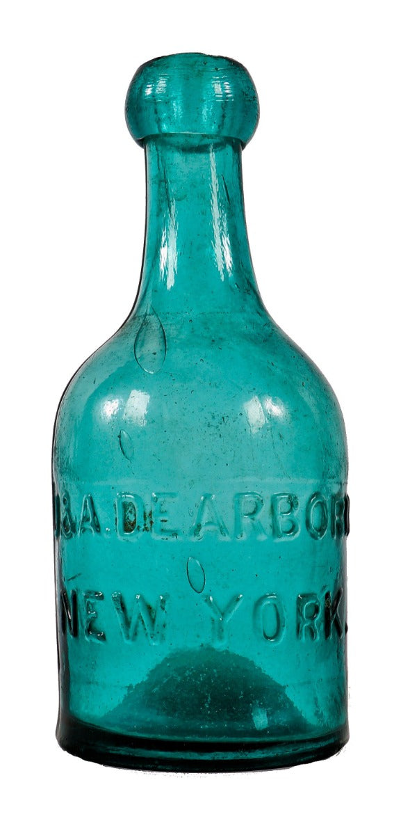rare early to mid-1850's medium teal pontiled porter-shaped privy dug bottle with applied blob top manufactured for john and alexander dearborn in new york.