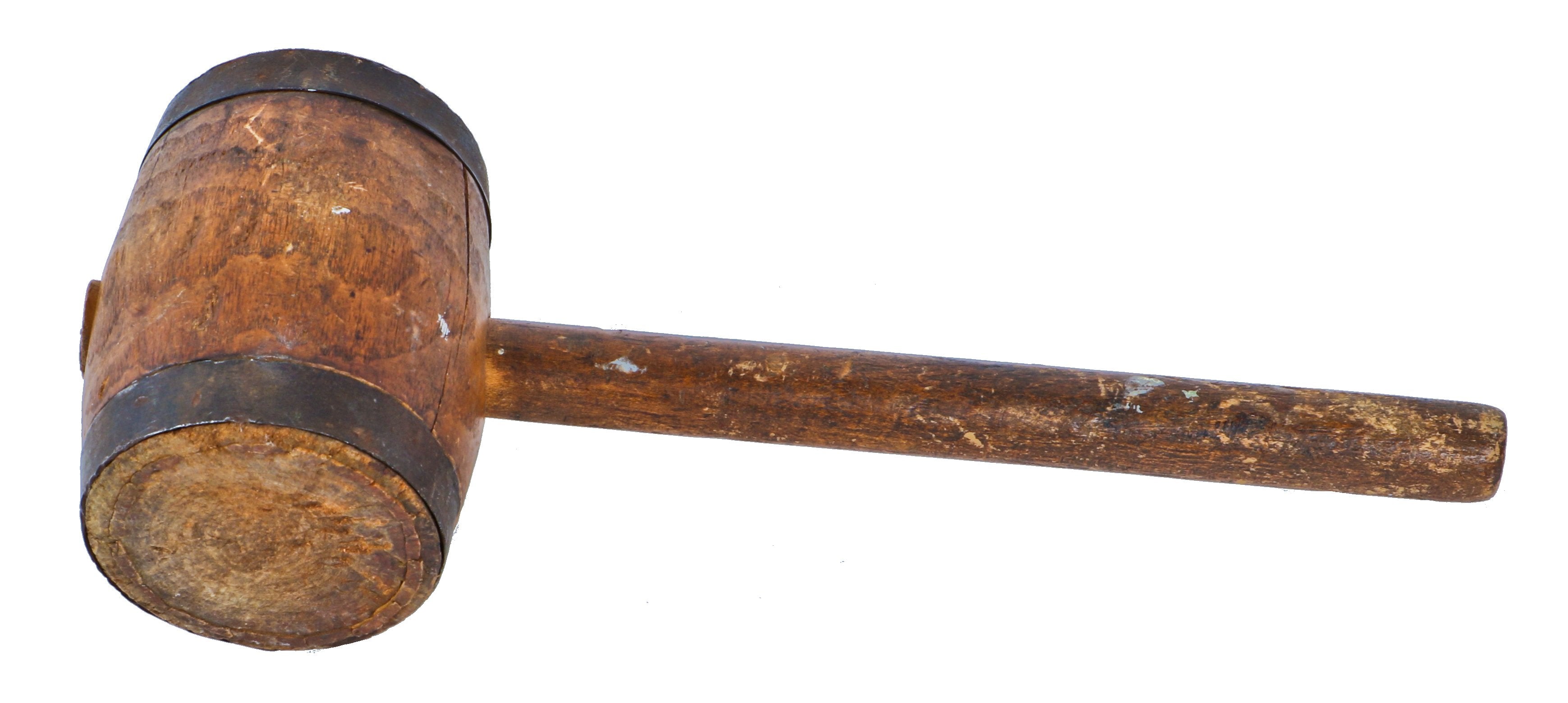 c. mid-19th century original and intact solidly-constructed american home builder or carpenter's wooden mallet with oversized head and opposed wrought iron bands along the edges