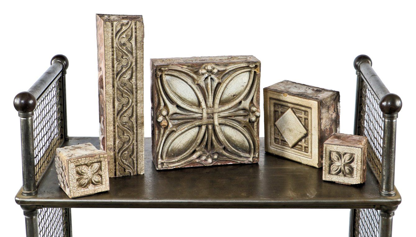 two matching early 20th century sullivanesque style white glazed midland terra cotta exterior blocks with allover crazing