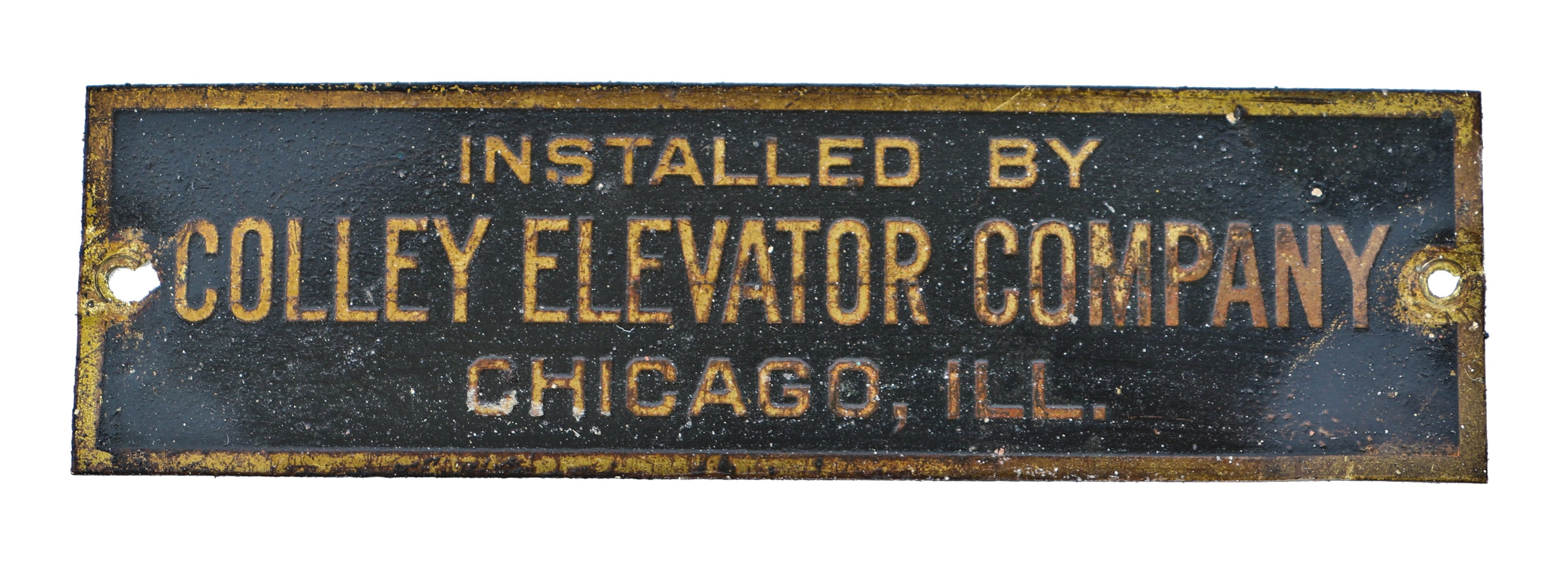 single-sided c. 1918 stamped yellow brass antique american industrial factory freight elevator installation name plaque with intact black enameled inlay