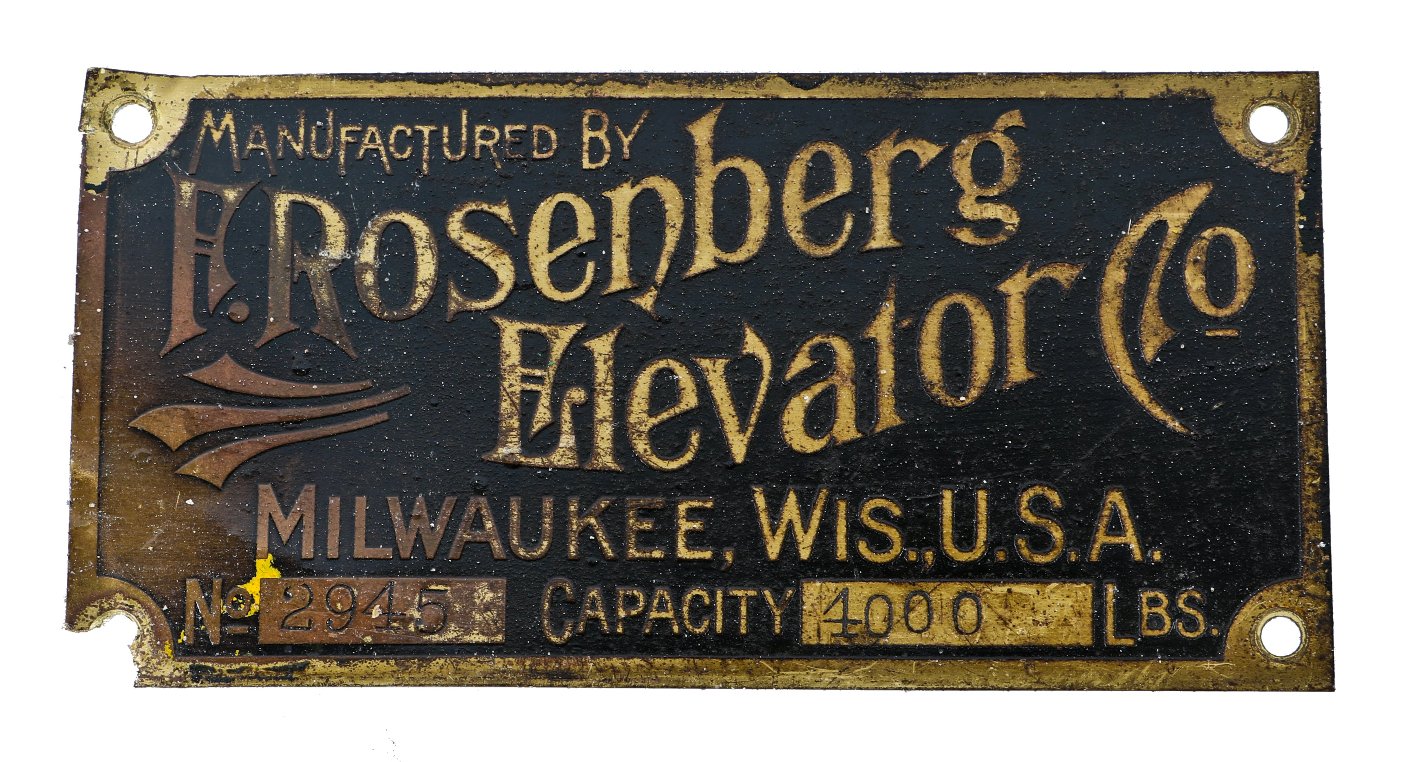 c. 1915-1920 original antique american single-sided yellow brass rosenberg industrial factory freight elevator cab or car plaque with fanciful lettering