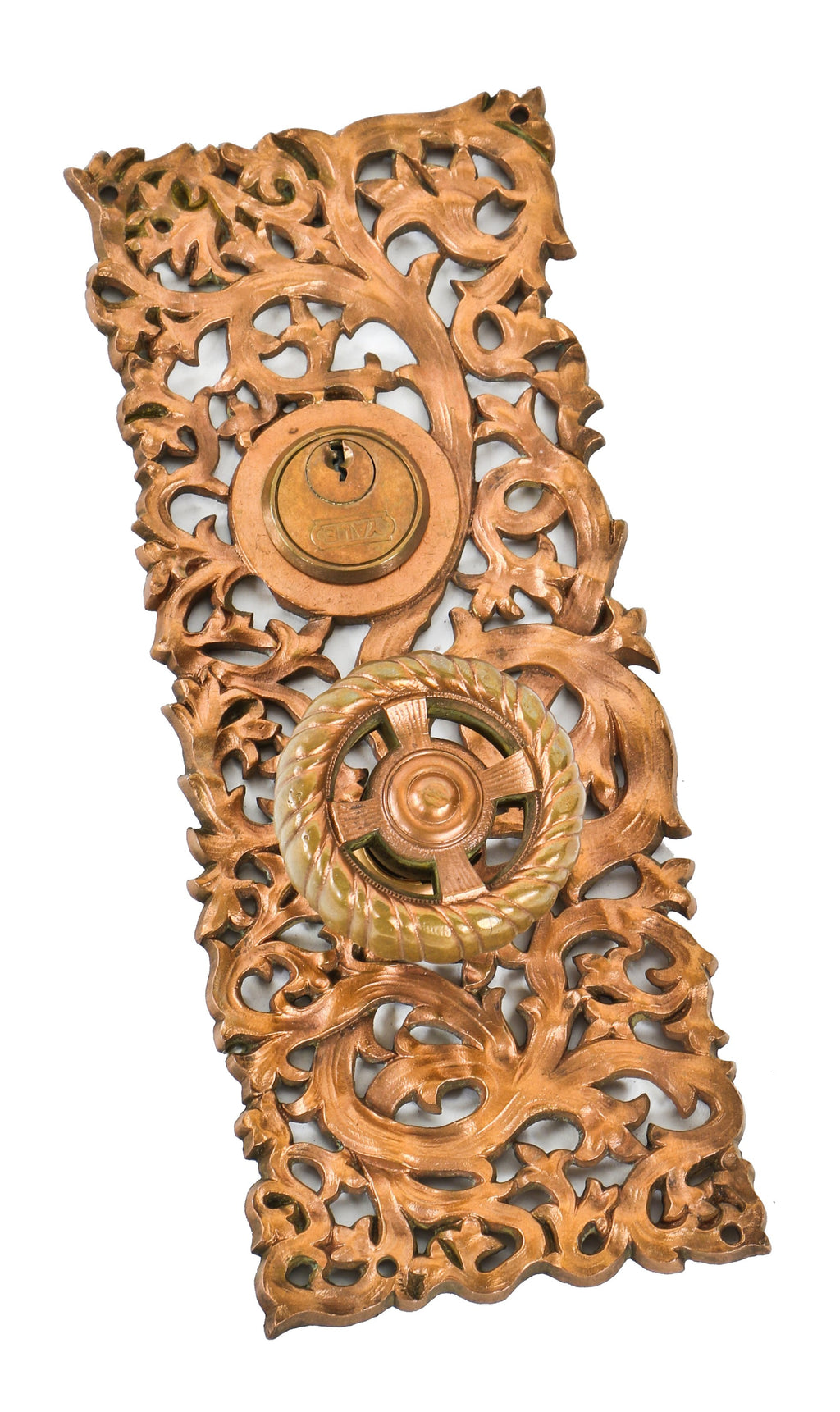 hard to find and highly sought after late 19th century original ornamental cast bronze "kelp" pattern entrance door backplate and matching spoked doorknob
