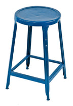 original c. 1940's american vintage industrial bright royal blue enameled pressed and folded steel four-legged factory stool with welded joint angled steel stretchers
