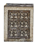 early 20th century single "stock" white glazed terra cotta chicago building facade ornamental block featuring intricate floral motifs surrounded by raised edges