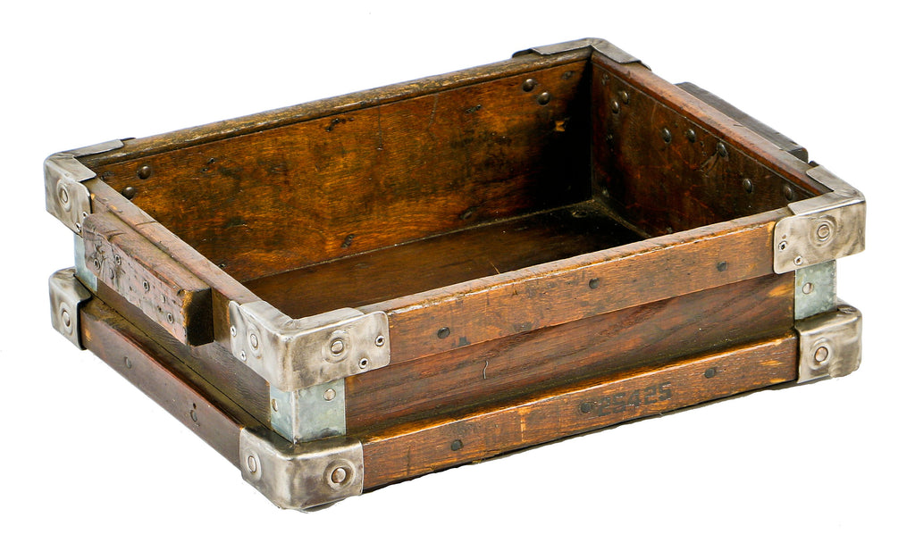 remarkable all original c. 1917 heavily reinforced stackable darkly stained maple wood plating factory storage bin with lightly engraved black enameled numbers