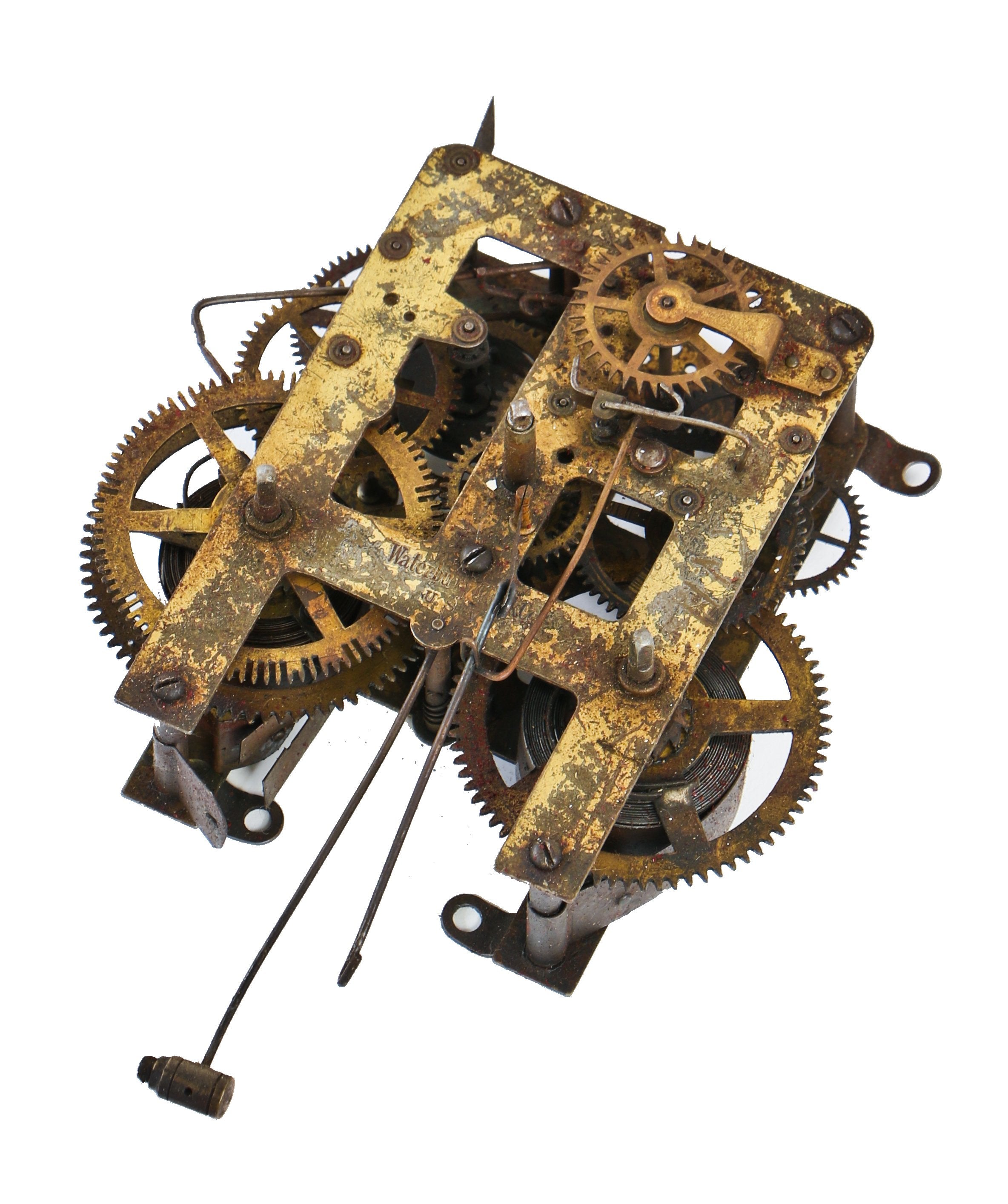unique depression era antique american industrial waterbury mechanical wall clock brass and steel gear assemblage with faceted posts for winding key
