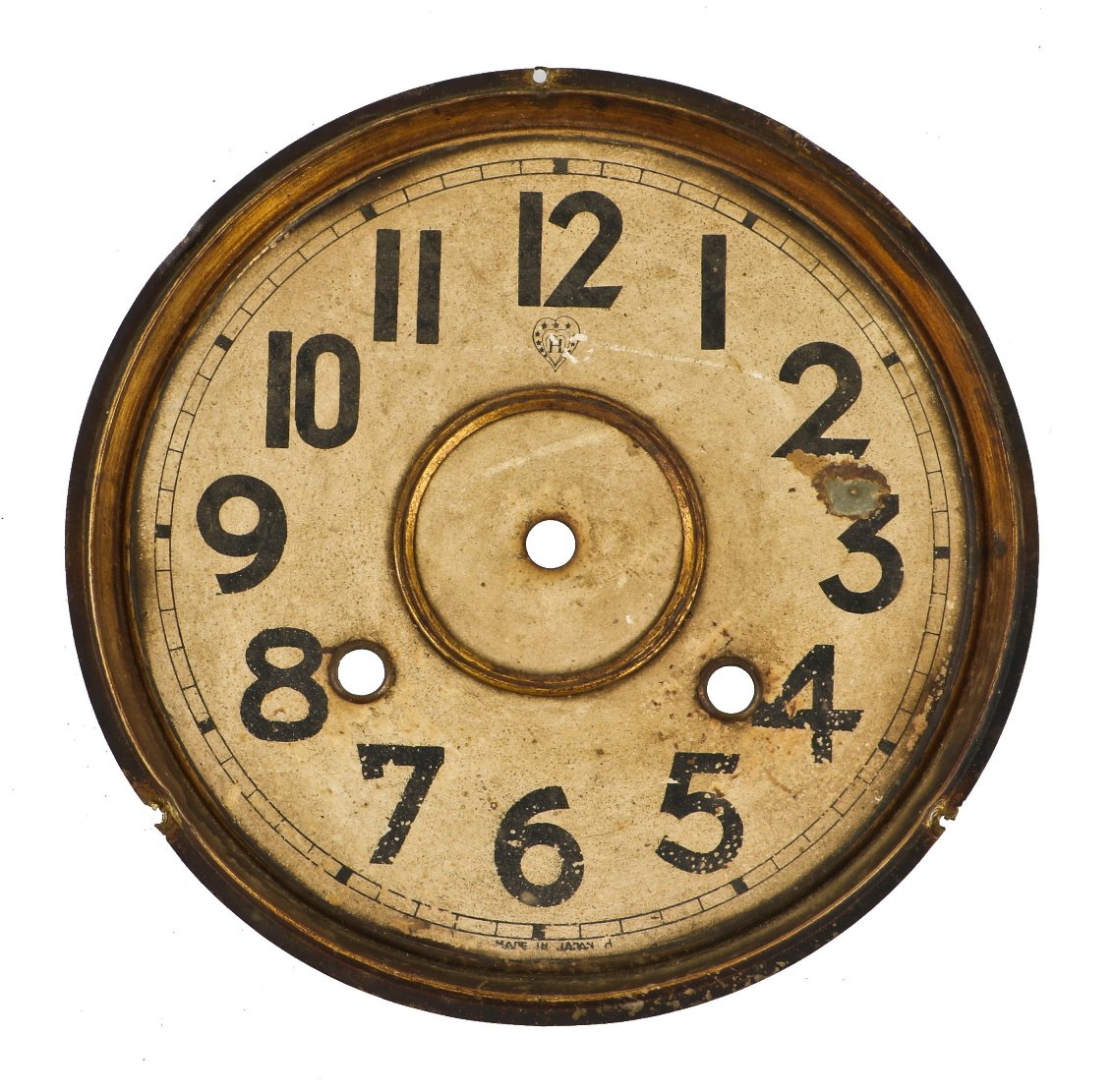 original nicely weathered and worn vintage american industrial depression era stamped brass lightweight numbered clock face with white and black enameled finish