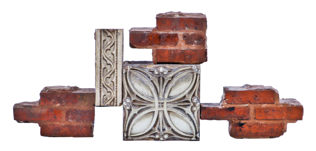 two matching original early 20th century antique american white glazed "sullivanesque" style diminutive terra cotta building facade blocks with allover crazing
