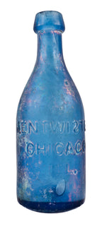very rare all original c. 1851-53 iron-pontiled cornflower blue entwistle soda or mineral water glass bottle manufactured for early chicago bottler joseph entwistle