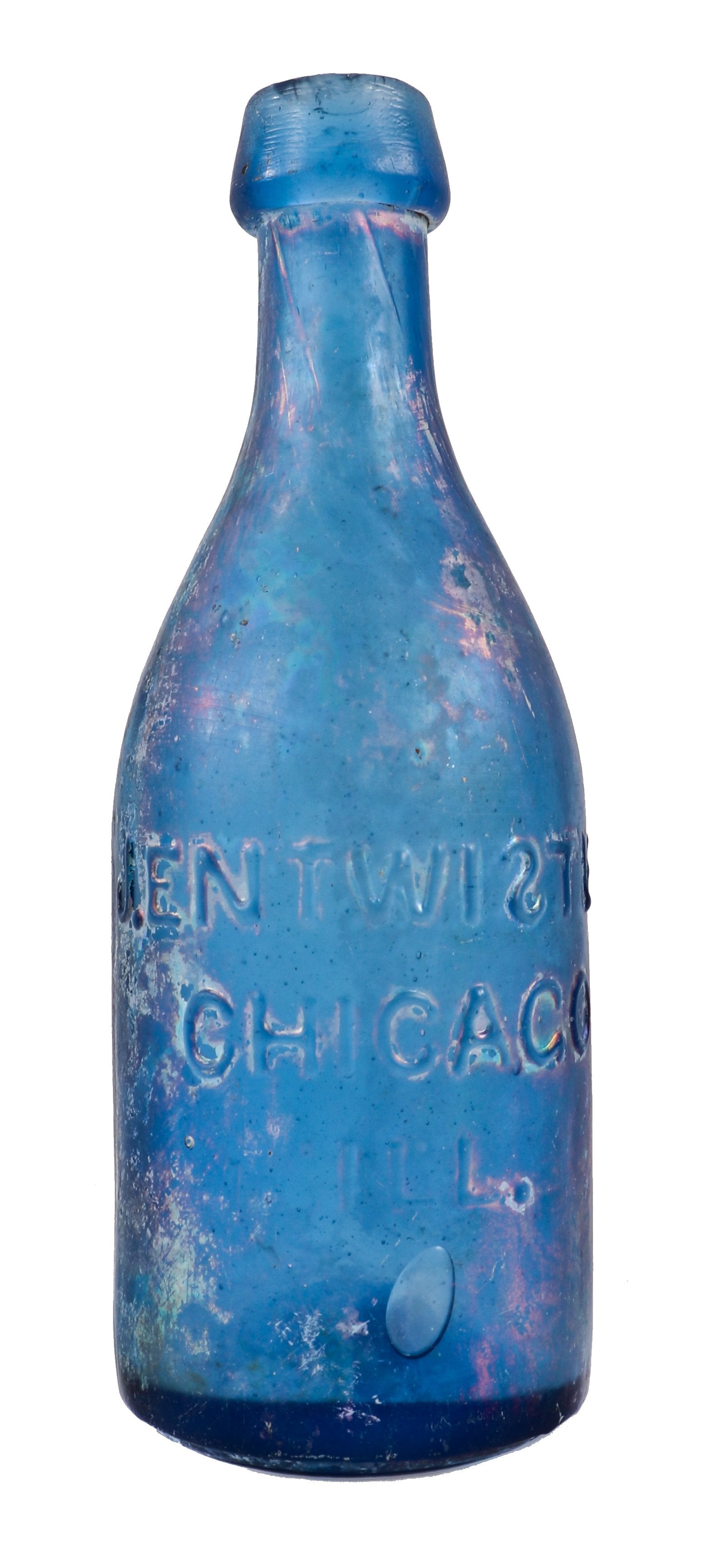 very rare all original c. 1851-53 iron-pontiled cornflower blue entwistle soda or mineral water glass bottle manufactured for early chicago bottler joseph entwistle