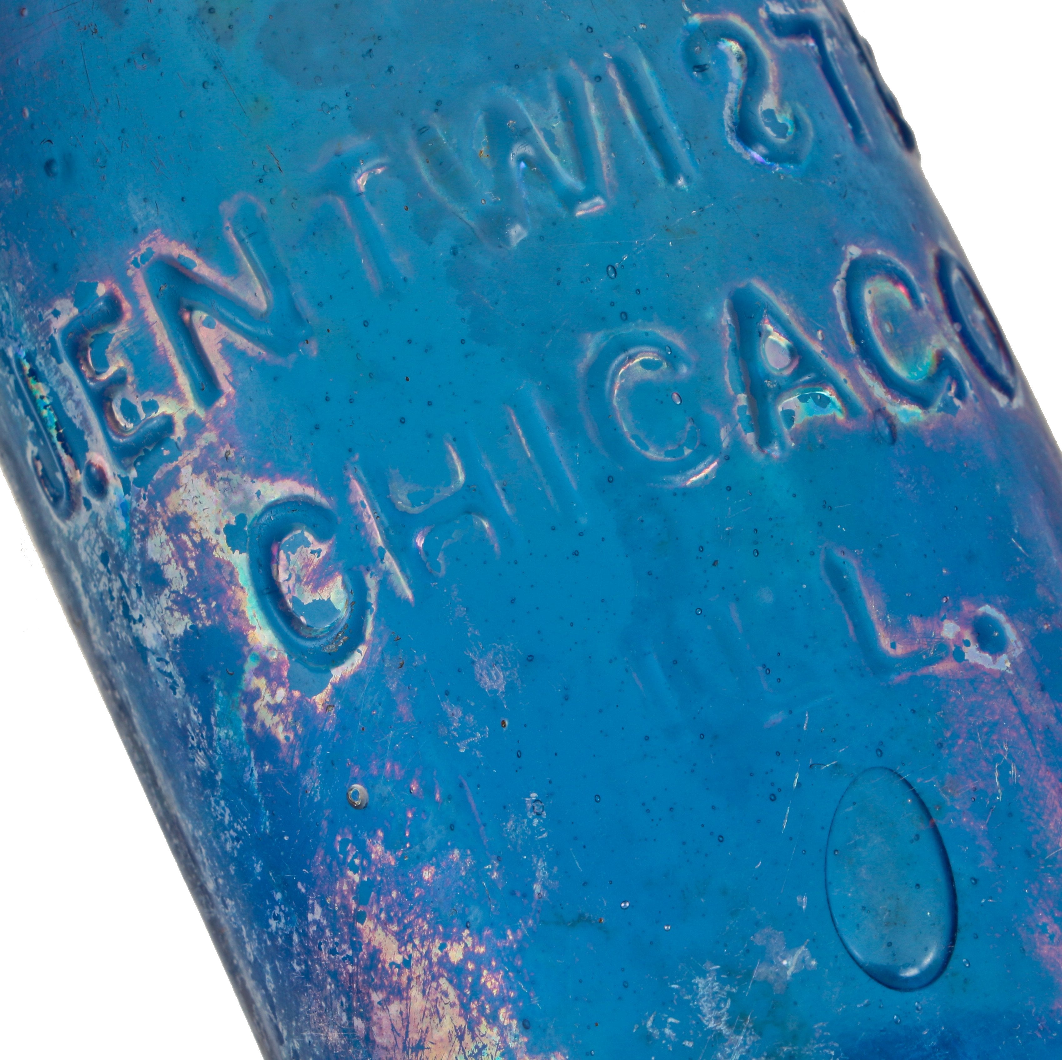 very rare all original c. 1851-53 iron-pontiled cornflower blue entwistle soda or mineral water glass bottle manufactured for early chicago bottler joseph entwistle