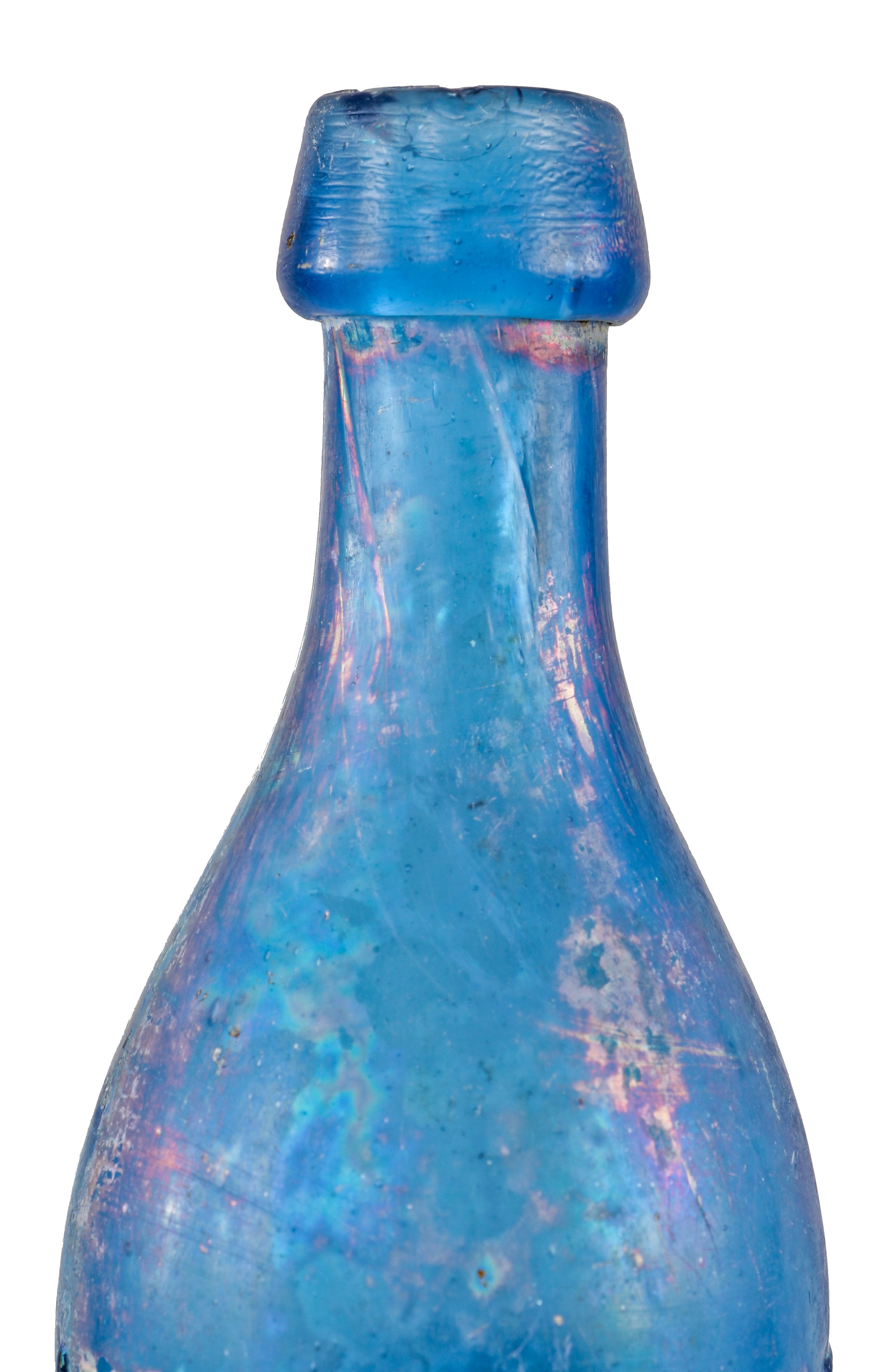very rare all original c. 1851-53 iron-pontiled cornflower blue entwistle soda or mineral water glass bottle manufactured for early chicago bottler joseph entwistle