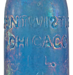 very rare all original c. 1851-53 iron-pontiled cornflower blue entwistle soda or mineral water glass bottle manufactured for early chicago bottler joseph entwistle