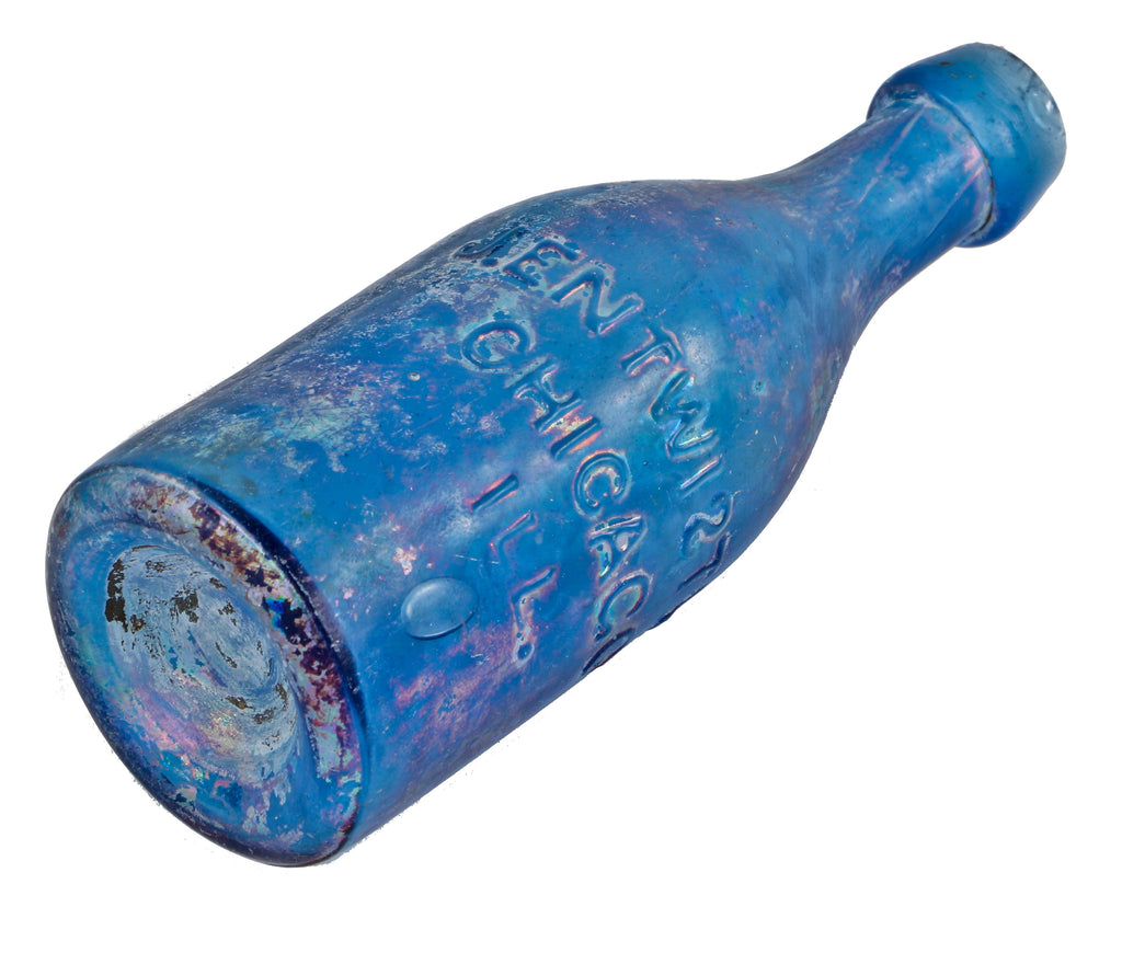 very rare all original c. 1851-53 iron-pontiled cornflower blue entwistle soda or mineral water glass bottle manufactured for early chicago bottler joseph entwistle