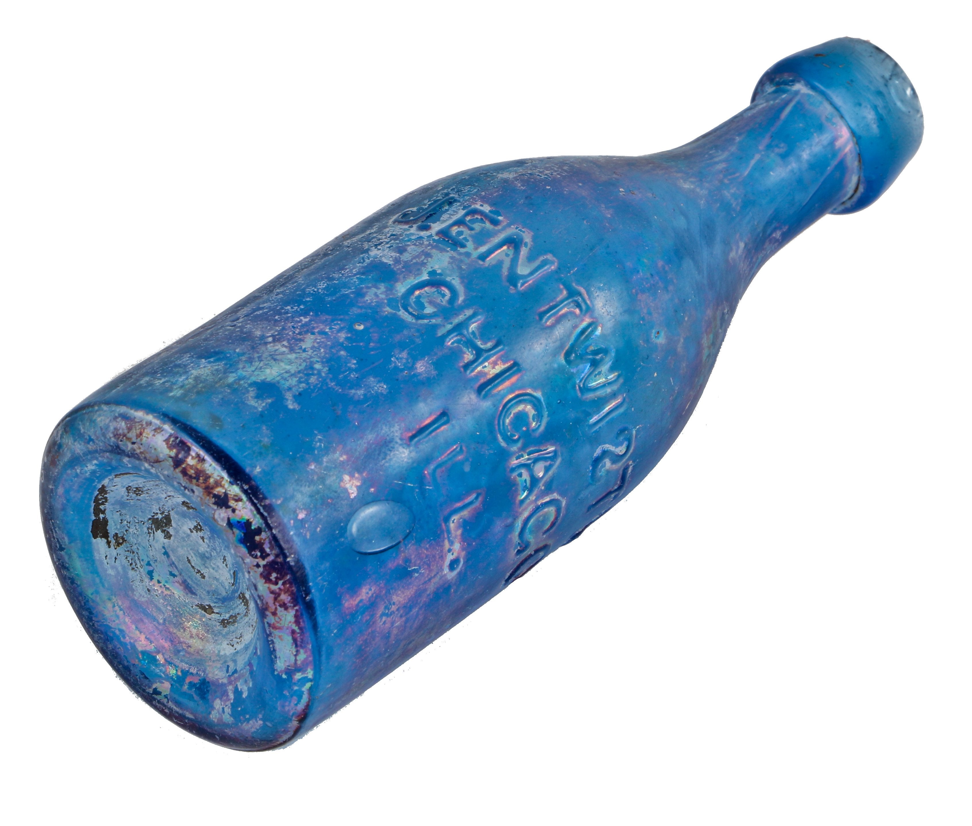 very rare all original c. 1851-53 iron-pontiled cornflower blue entwistle soda or mineral water glass bottle manufactured for early chicago bottler joseph entwistle