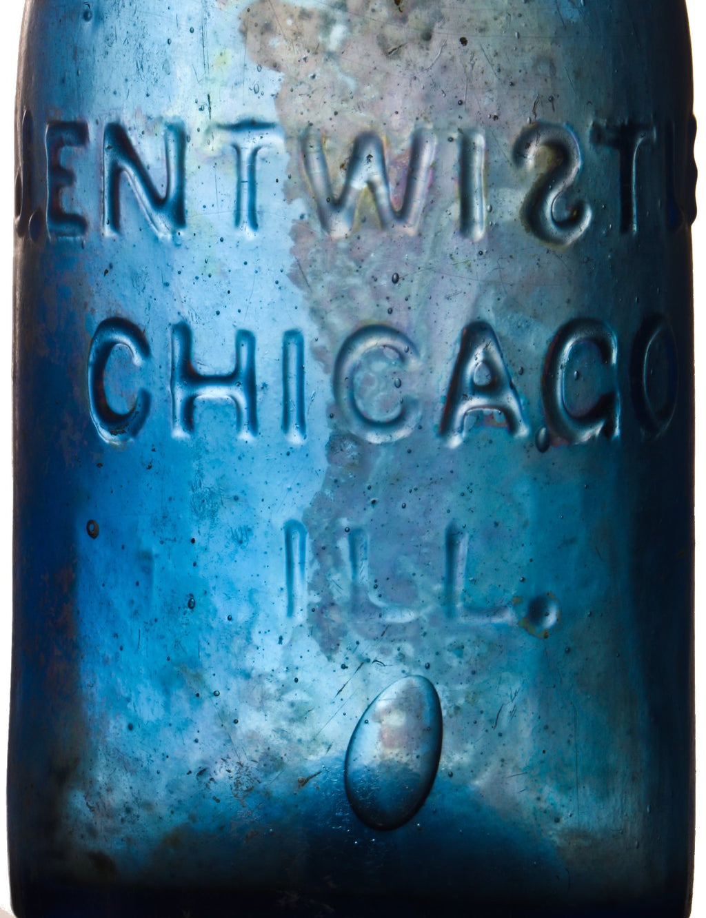 very rare all original c. 1851-53 iron-pontiled cornflower blue entwistle soda or mineral water glass bottle manufactured for early chicago bottler joseph entwistle