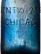 very rare all original c. 1851-53 iron-pontiled cornflower blue entwistle soda or mineral water glass bottle manufactured for early chicago bottler joseph entwistle