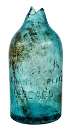hard to find original fragment of an antique c. 1870-1872 oversized medium blue aqua quart cider bottle fabricated for chicago bottling giant john a. lomax