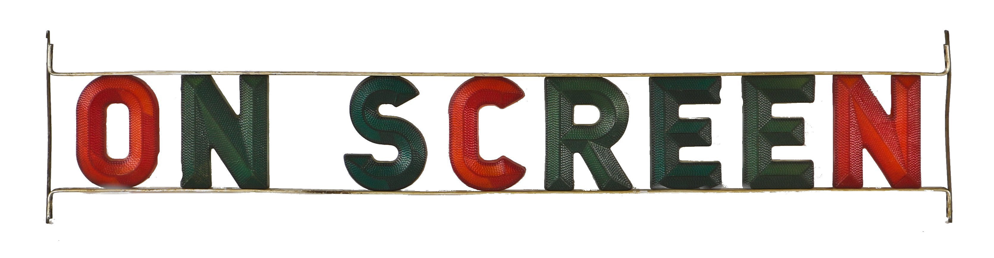 original mid-20th century vintage american single "on screen" multi-colored molded plastic "bevelite" marquee letter sign with intact lightweight aluminum brackets