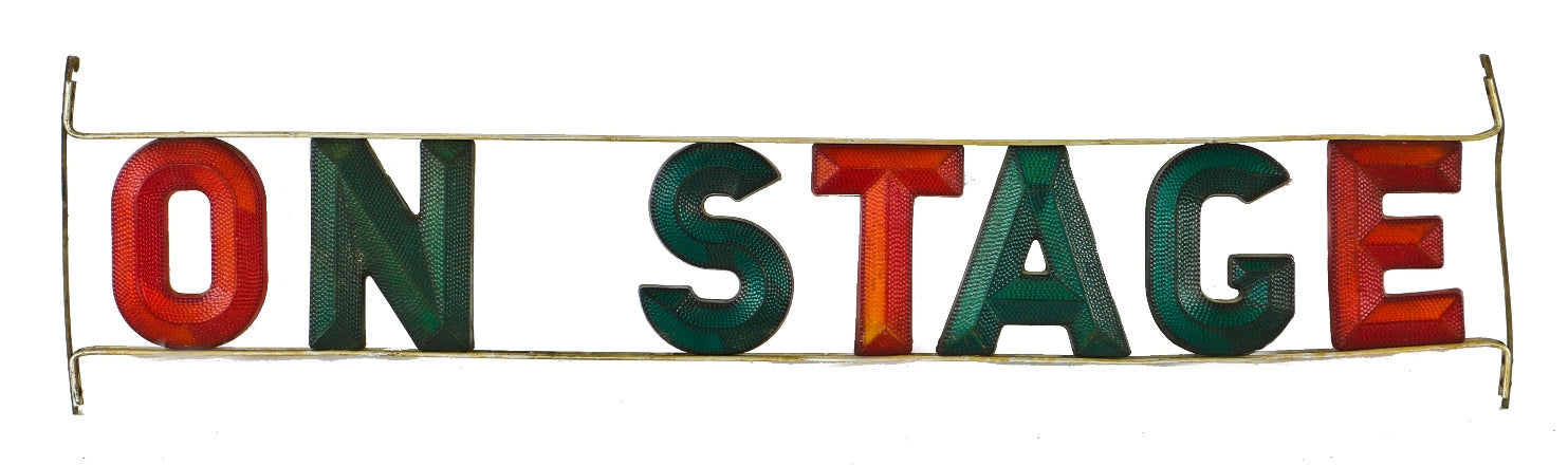 original c. 1950's american original and intact vintage theater marquee "on stage" multi-colored molded plastic letter sign with original aluminum sign bracket