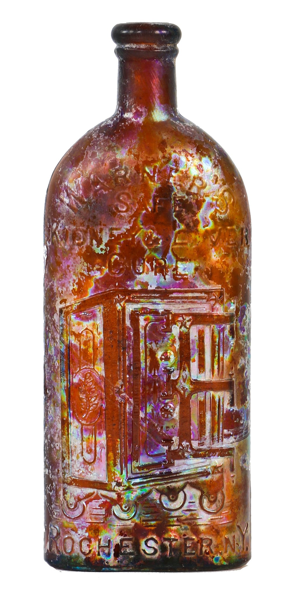 intact late nineteenth century chicago privy-dug amber flask shaped medicine bottle of "warner's safe kidney cure" manufactured for hulbert harrington warner