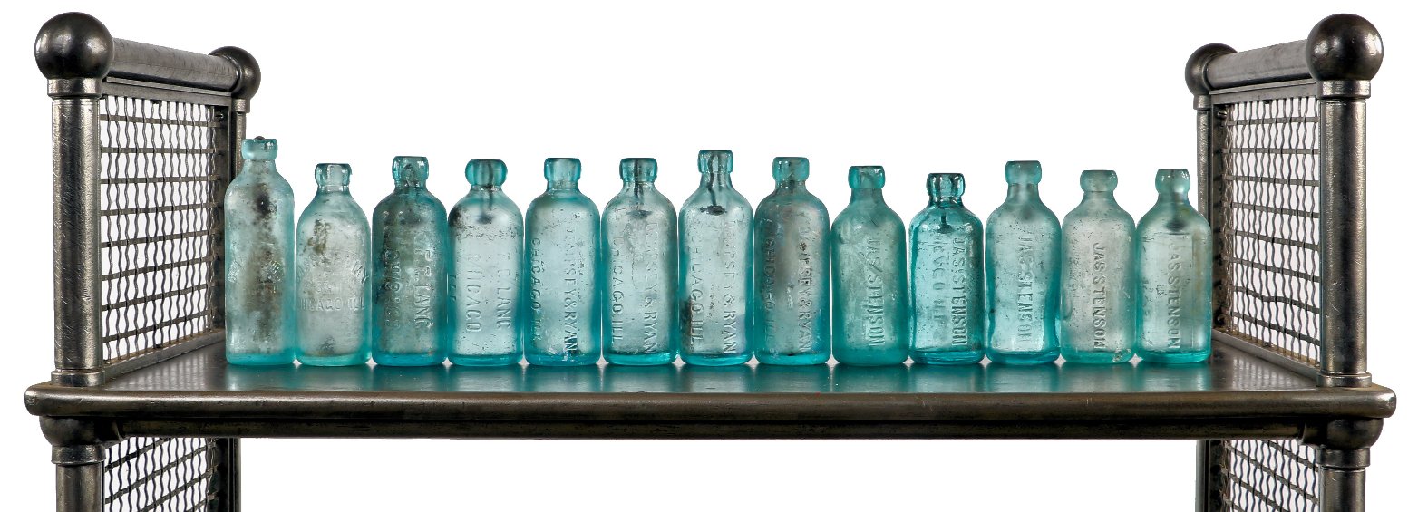 pair of closely matching late nineteenth century chicago privy dug aqua blue hutchinson style blob top soda bottles manufactured for chicago bottlers dempsey & ryan.