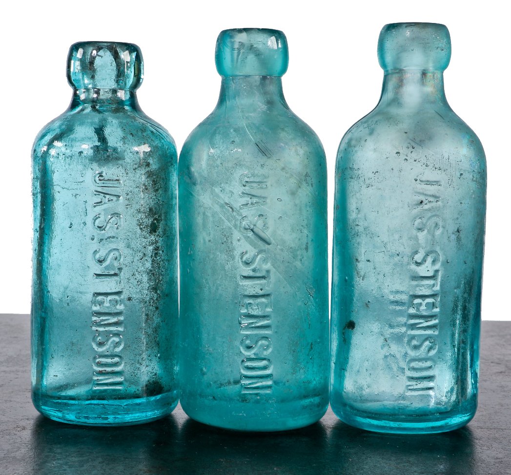 lot of three nearly identical and largely intact chicago privy dug late 1880's aqua blue hutchinson style soda bottles with smooth bases and applied blobtops