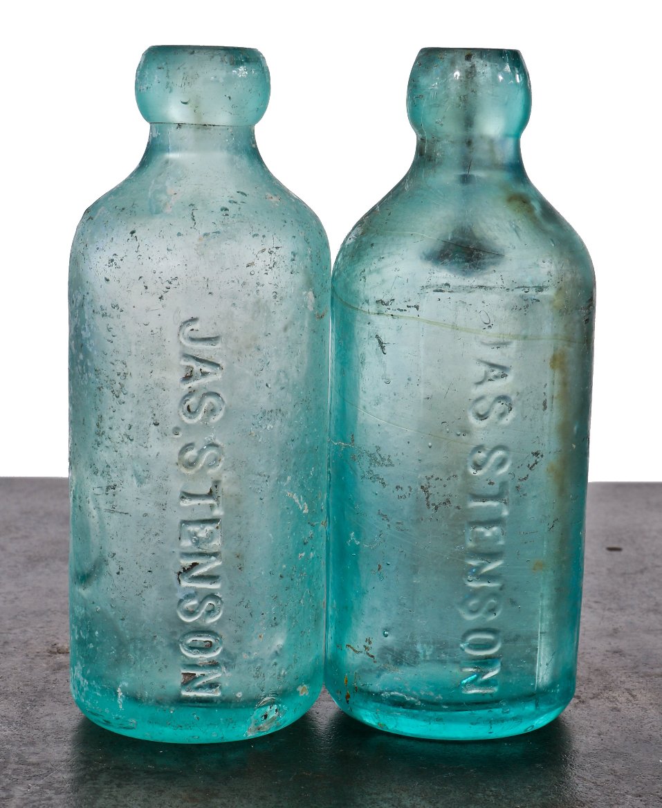 single remarkably intact c. 1880's chicago privy dug aqua blue hutchinson style soda bottles manufactured for chicago bottler james stenson.