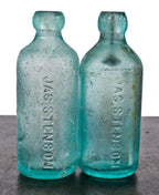single remarkably intact c. 1880's chicago privy dug aqua blue hutchinson style soda bottles manufactured for chicago bottler james stenson.