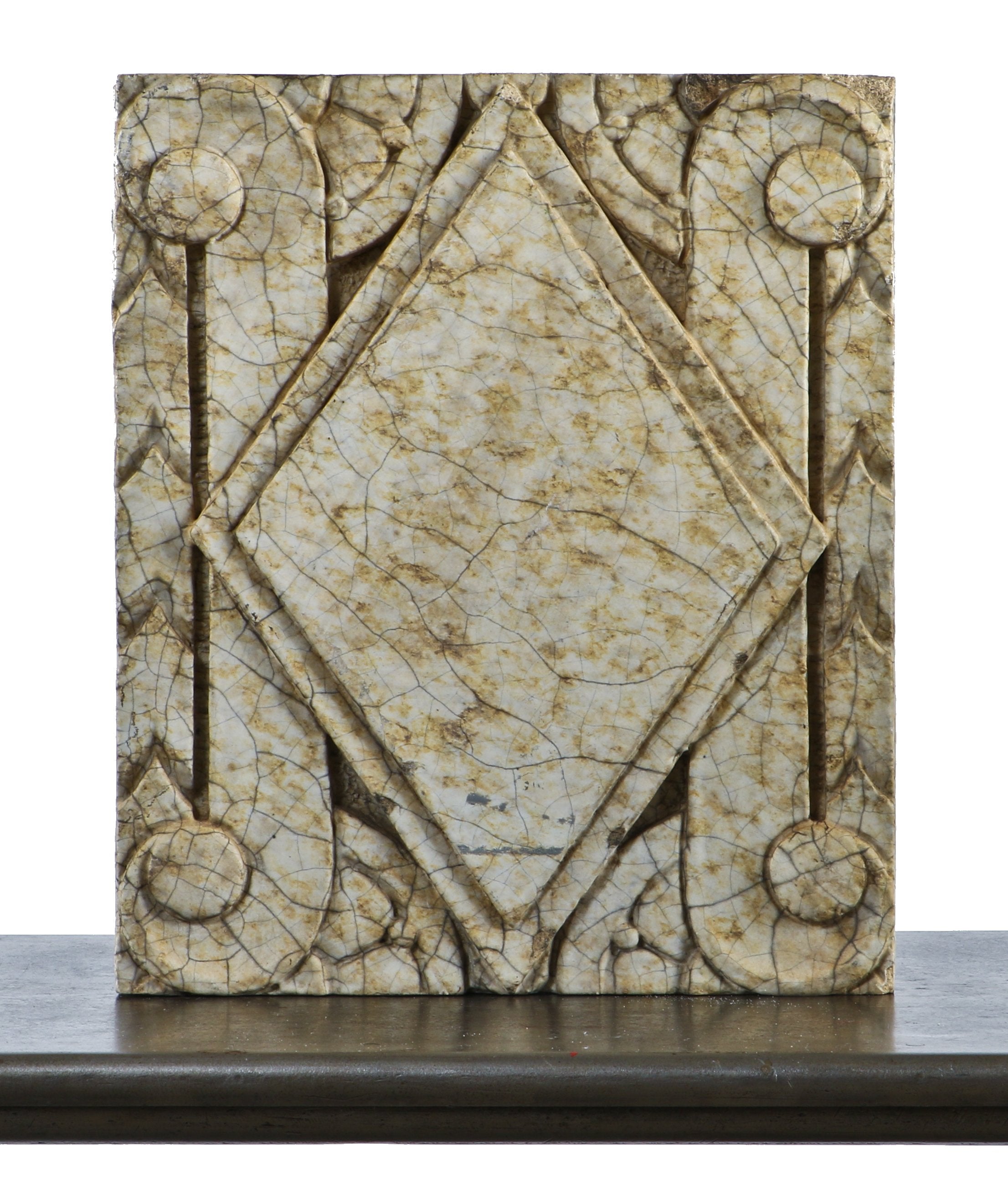 original c. 1930's american depression era art deco style nortown theater speckled glazed terra cotta facade panel featuring a centrally located tiered diamond with surrounding volutes