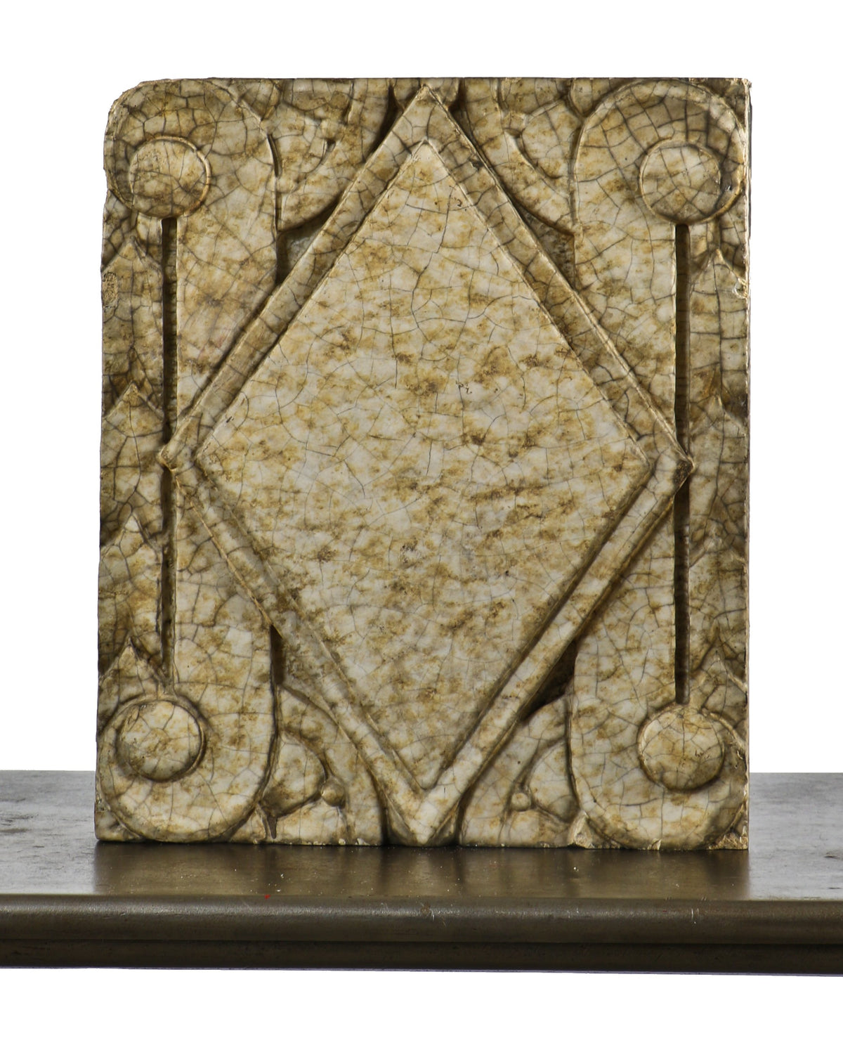 single depression era antique american art deco c. 1931 "marbleized" exterior glazed nortown theater terra cotta building facade endcap with diamond motif