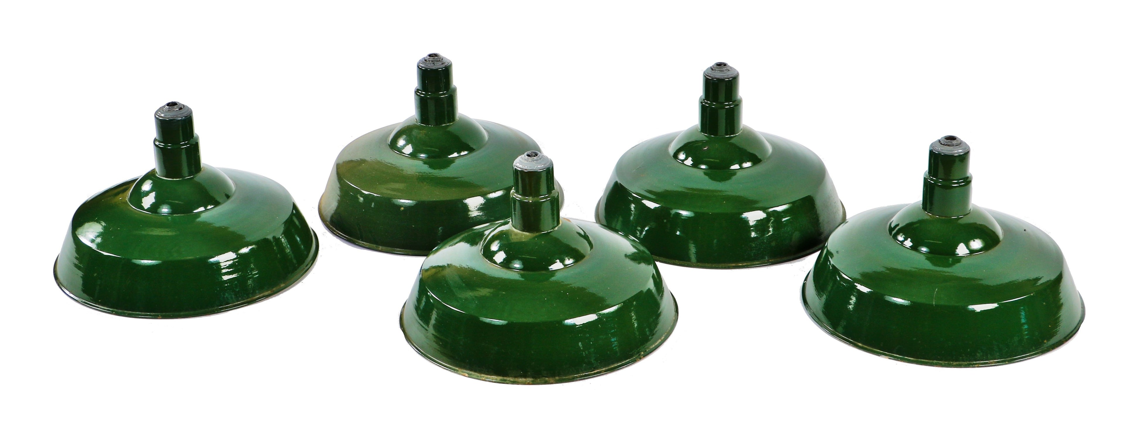 group of four matching well-maintained vibrant green porcelain enameled c. 1930's american industrial factory single electric pendant lights comprised of cold-rolled steel