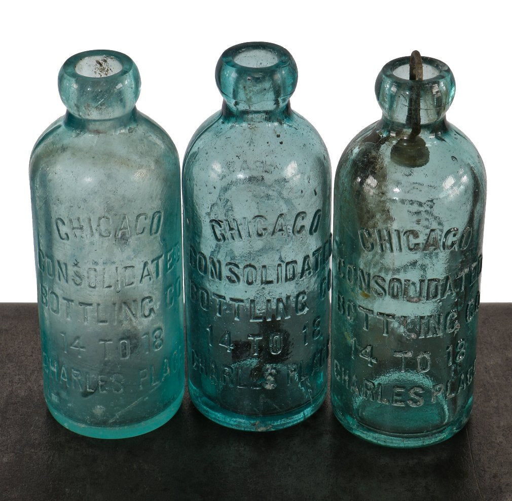 lot of three matching late 19th century chicago privy dug blue aqua glass chicago glass consolidated glass company hutchinson blob top bottles