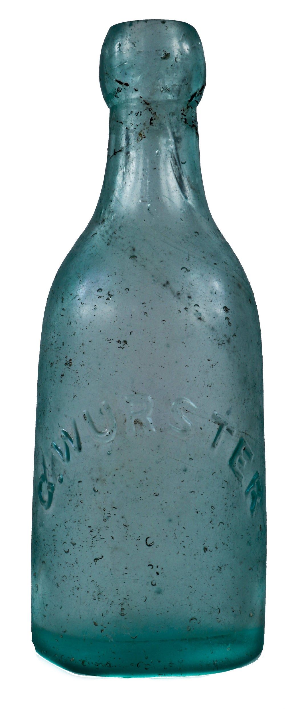 intact original c. 1870's chicago privy dug deep blue aqua smooth base gottlieb wurster squat soda or mineral water bottle with applied blobtop