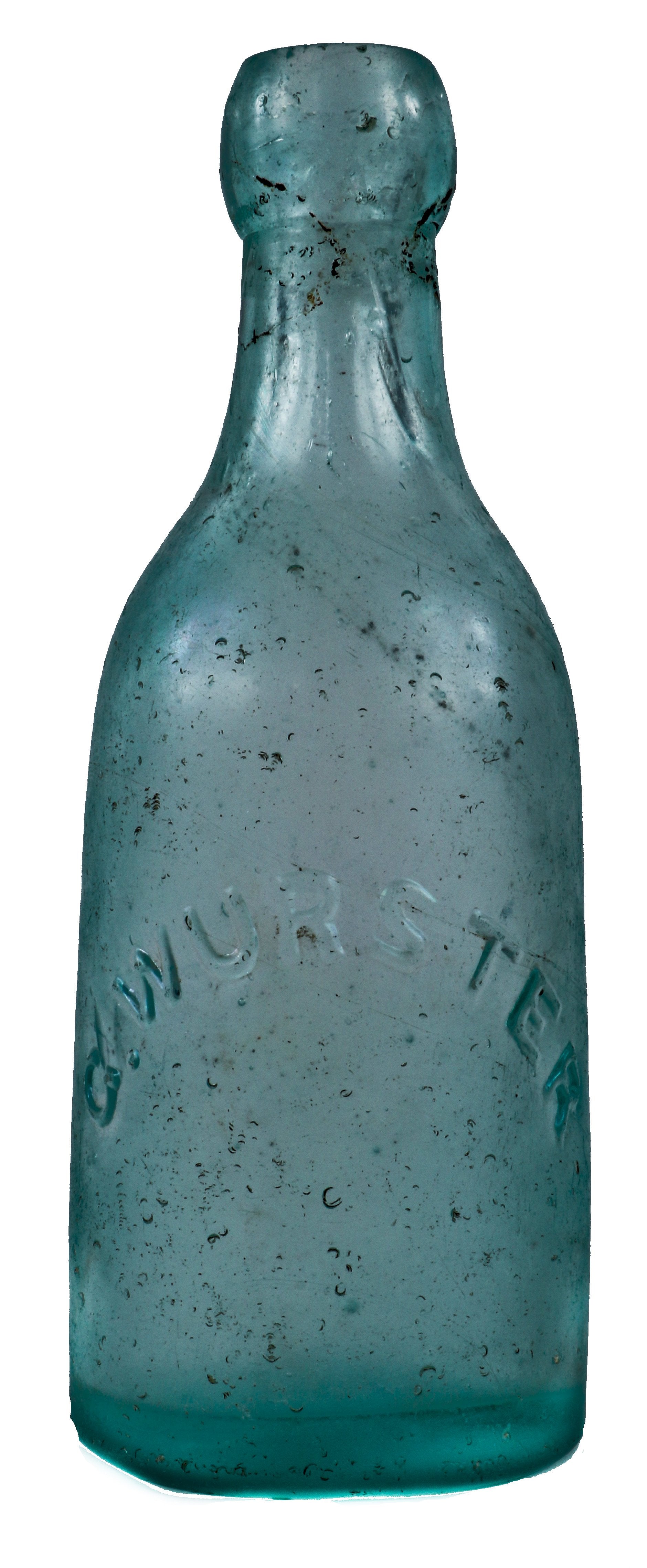 intact original c. 1870's chicago privy dug deep blue aqua smooth base gottlieb wurster squat soda or mineral water bottle with applied blobtop