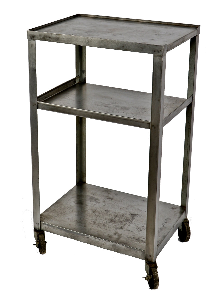 original c. 1950's american vintage industrial refinished mobile chicago public school classroom projector cart with two undershelves and fully functional swivel casters