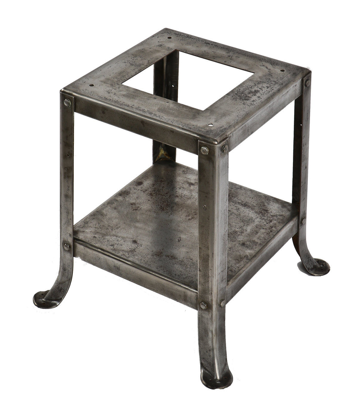 very well-built and heavily reinforced pressed and folded american industrial four-legged steel machine base with flared legs and a brushed metal finish sealed with a clear coat lacquer