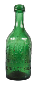 remarkably intact privy-dug c. 1847 light to medium emerald green iron- pontiled mineral water bottle manufactured for philadelphia bottler eugene roussel