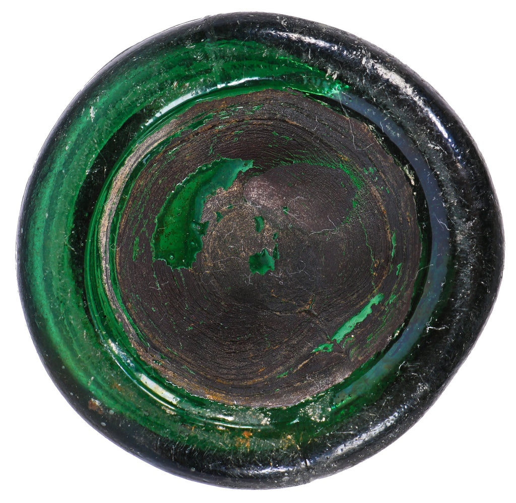 remarkably intact privy-dug c. 1847 light to medium emerald green iron- pontiled mineral water bottle manufactured for philadelphia bottler eugene roussel