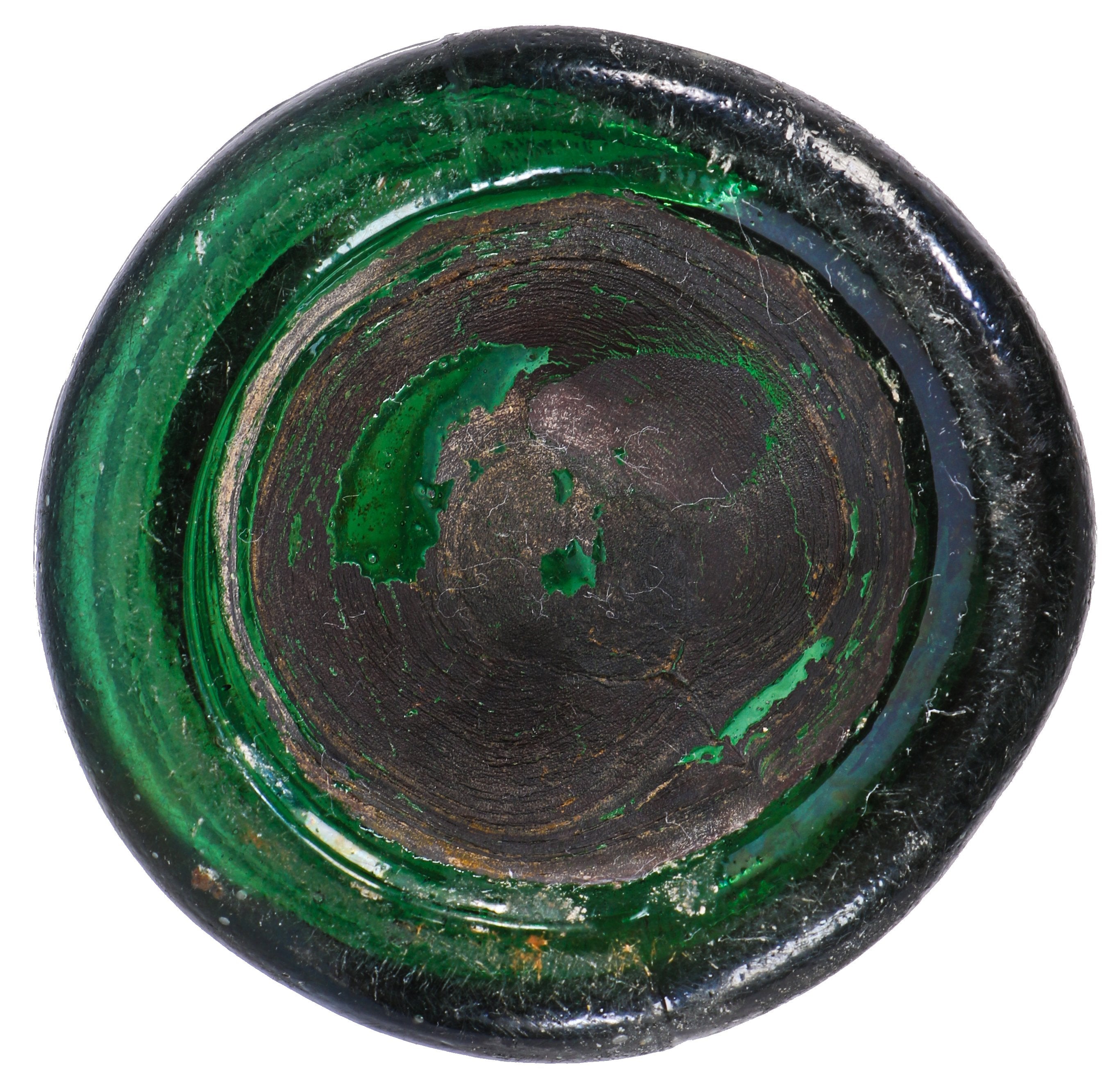 remarkably intact privy-dug c. 1847 light to medium emerald green iron- pontiled mineral water bottle manufactured for philadelphia bottler eugene roussel